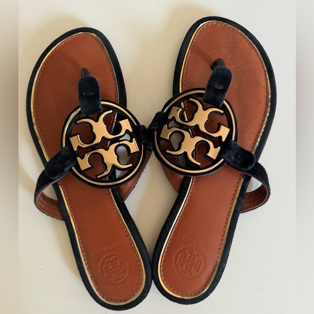 Tory Burch Metal Miller Suede Leather Sandal in Black